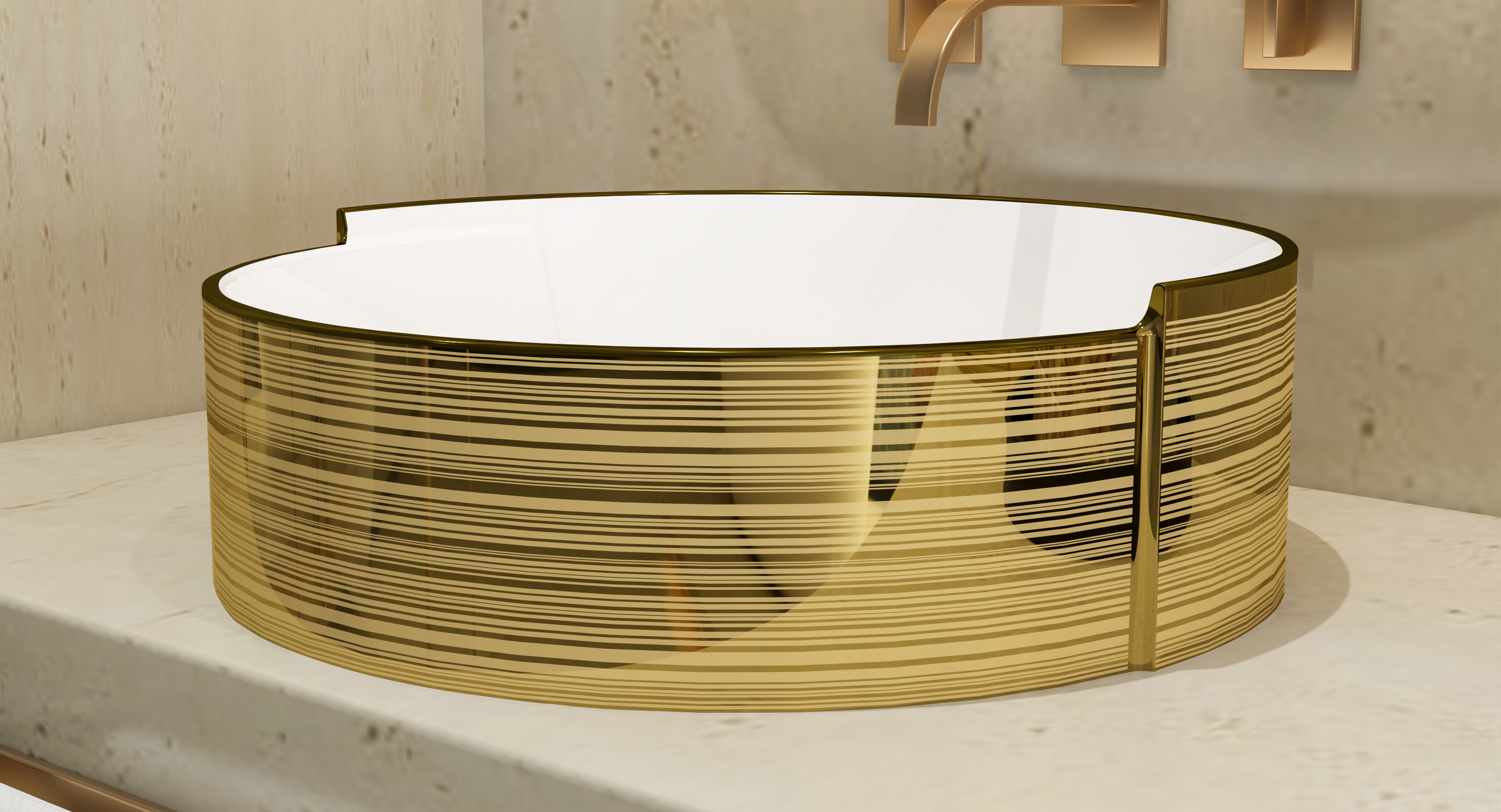 MEJE 16,75 Zoll LUXURY GOLD Stripes Rundes Kunstwaschbecken, Aufsatzwaschbecken für Badezimmer, Porzellan-Keramik-Aufsatzwaschbecken (einschließlich Pop-up-Ablauf)