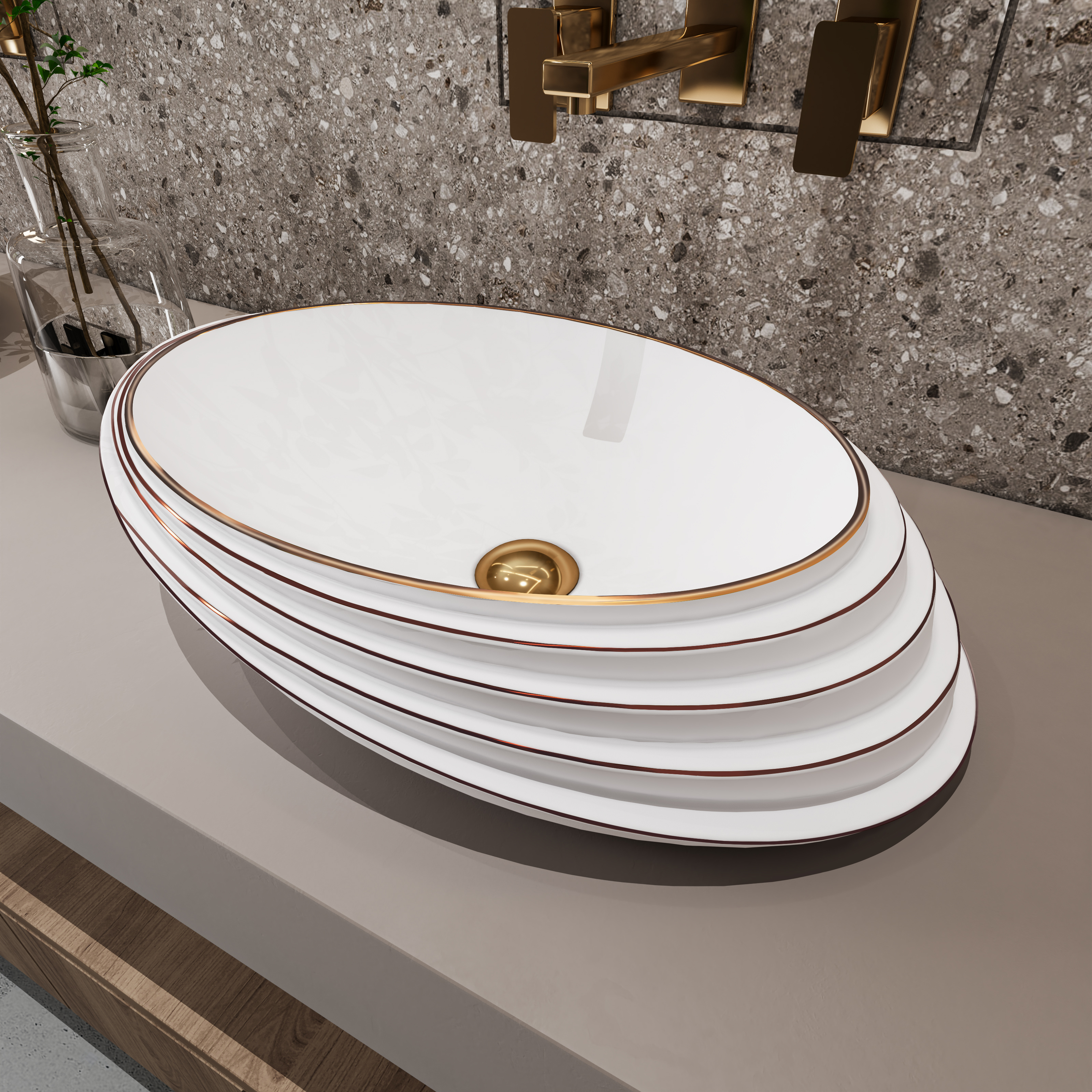 MEJE Lavabo artistique de forme ovale incliné de 21 pouces, motif en relief, conception de bordure en or rose, lavabo de salle de bain au-dessus du comptoir, lavabo de comptoir en porcelaine et céramique (avec drain escamotable)