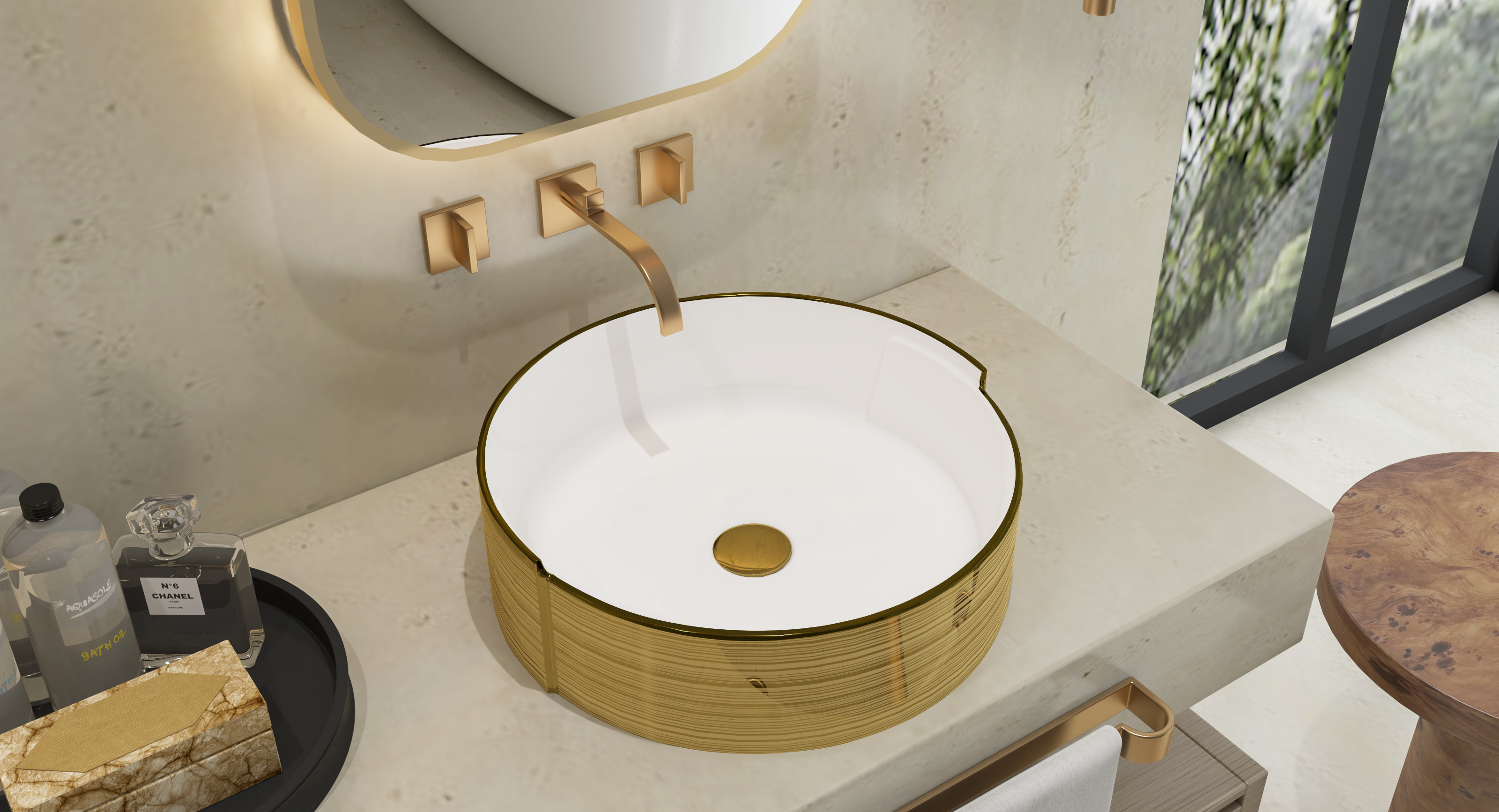MEJE 16,75 Pouces LUXURY GOLD Stripes Round Art Basin, Lavabo de salle de bain au-dessus du comptoir, Lavabo de comptoir en céramique de porcelaine (vidange escamotable incluse)