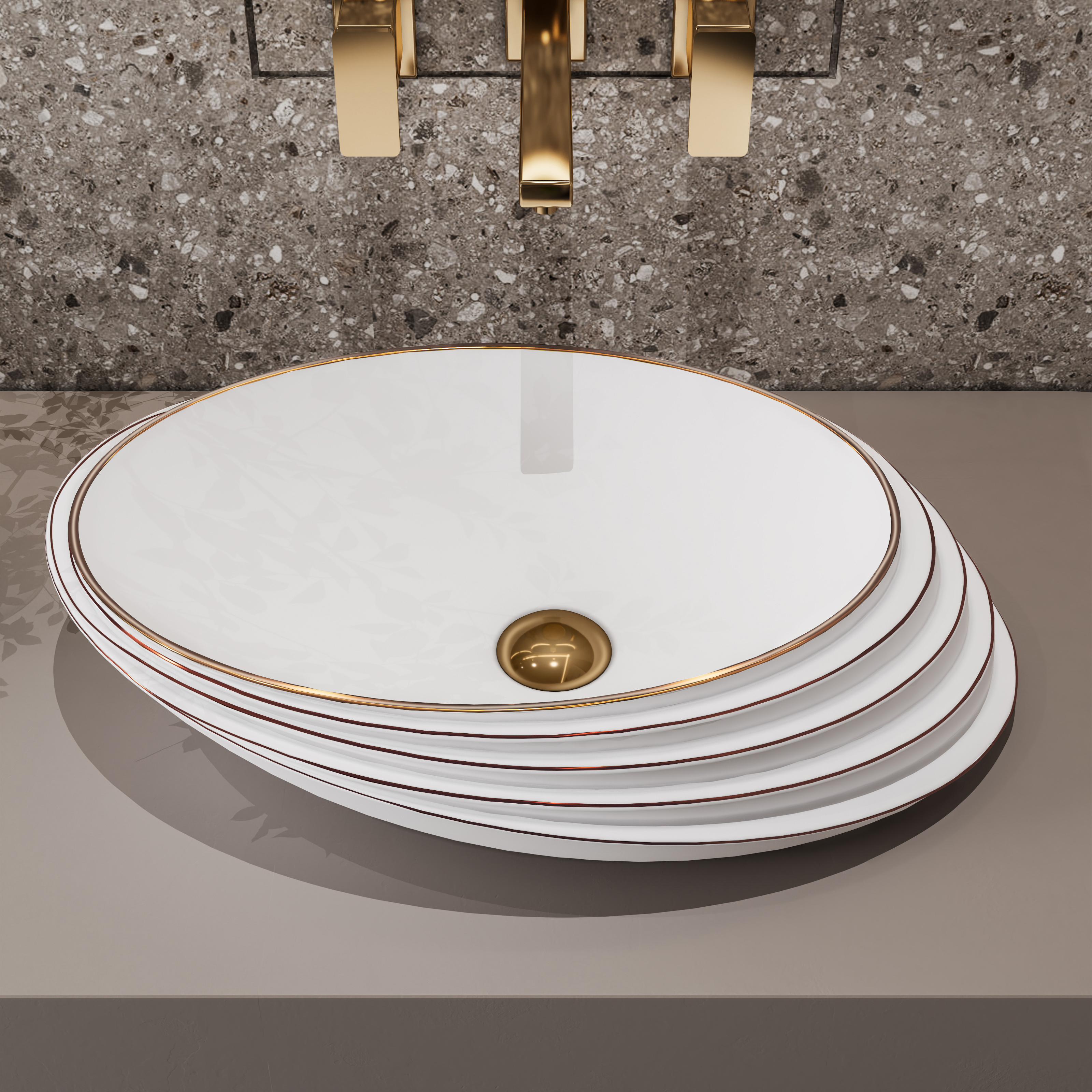 MEJE 21 Inch Slant Oval Shape Art Basin, Embossed Pattern,Rose Gold Trim Design, Above Counter Bathroom Sink, Porcelain Ceramic Countertop Vessel Sink (Include pop up drain)
