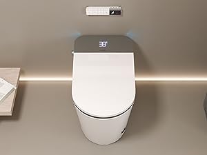 Modern white elongated smart toilet with a sleek design, featuring a digital display on the lid. Set in a minimalist bathroom with ambient lighting and decorative elements.