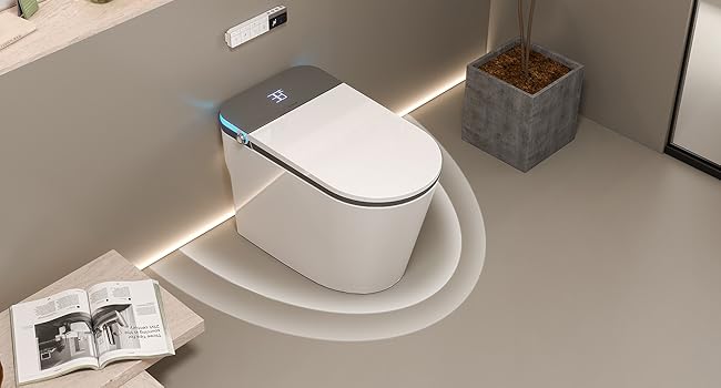 Modern white smart toilet with sleek design, featuring a touchless lid and integrated control panel. Ambient lighting underneath. Shown in a minimalist bathroom setting.