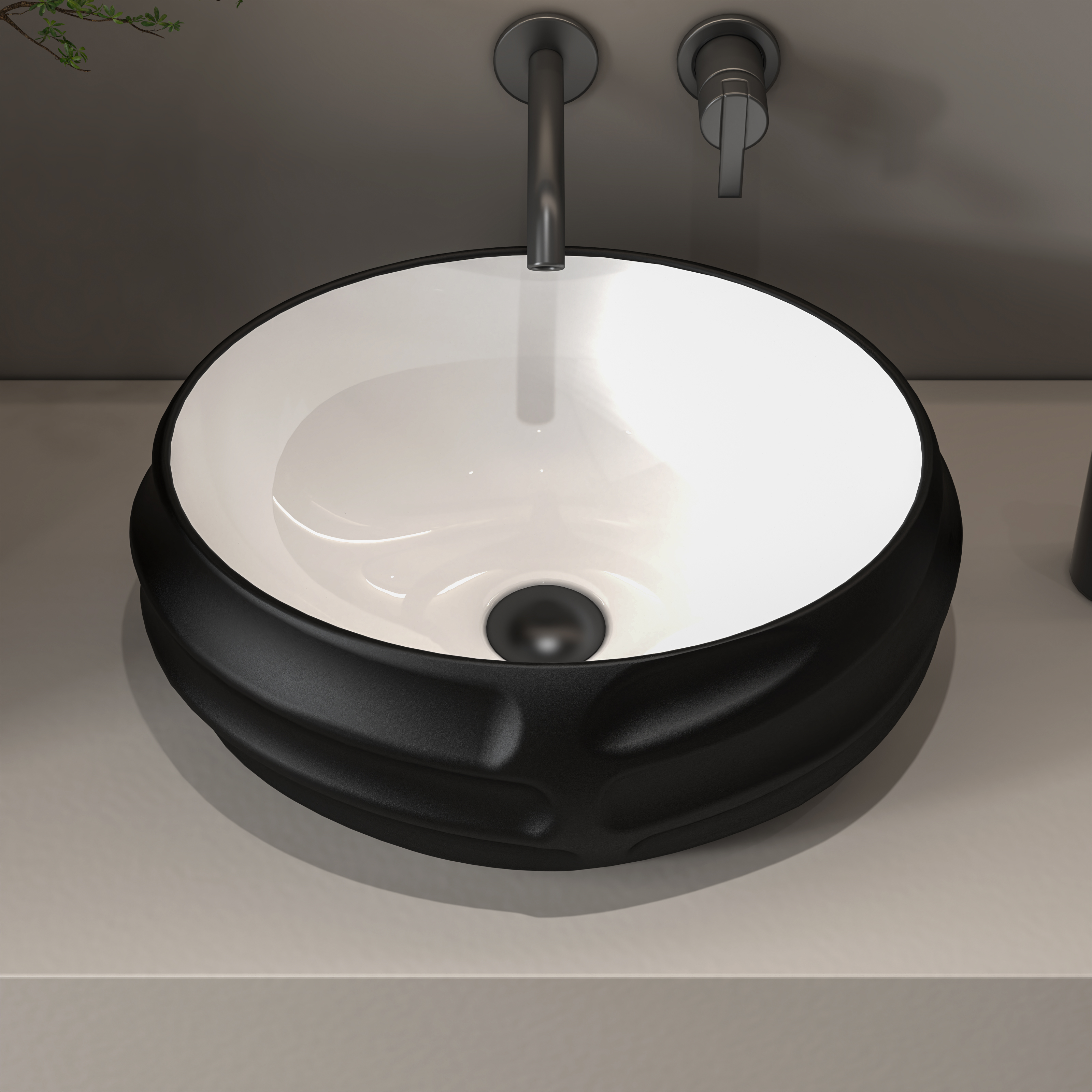 MEJE 18-Zoll-Oval-Art-Waschbecken mit geprägtem Muster, mattschwarze Farbe, Aufsatzwaschbecken für Badezimmer, Aufsatzwaschbecken aus Porzellan-Keramik (einschließlich Pop-up-Ablauf)