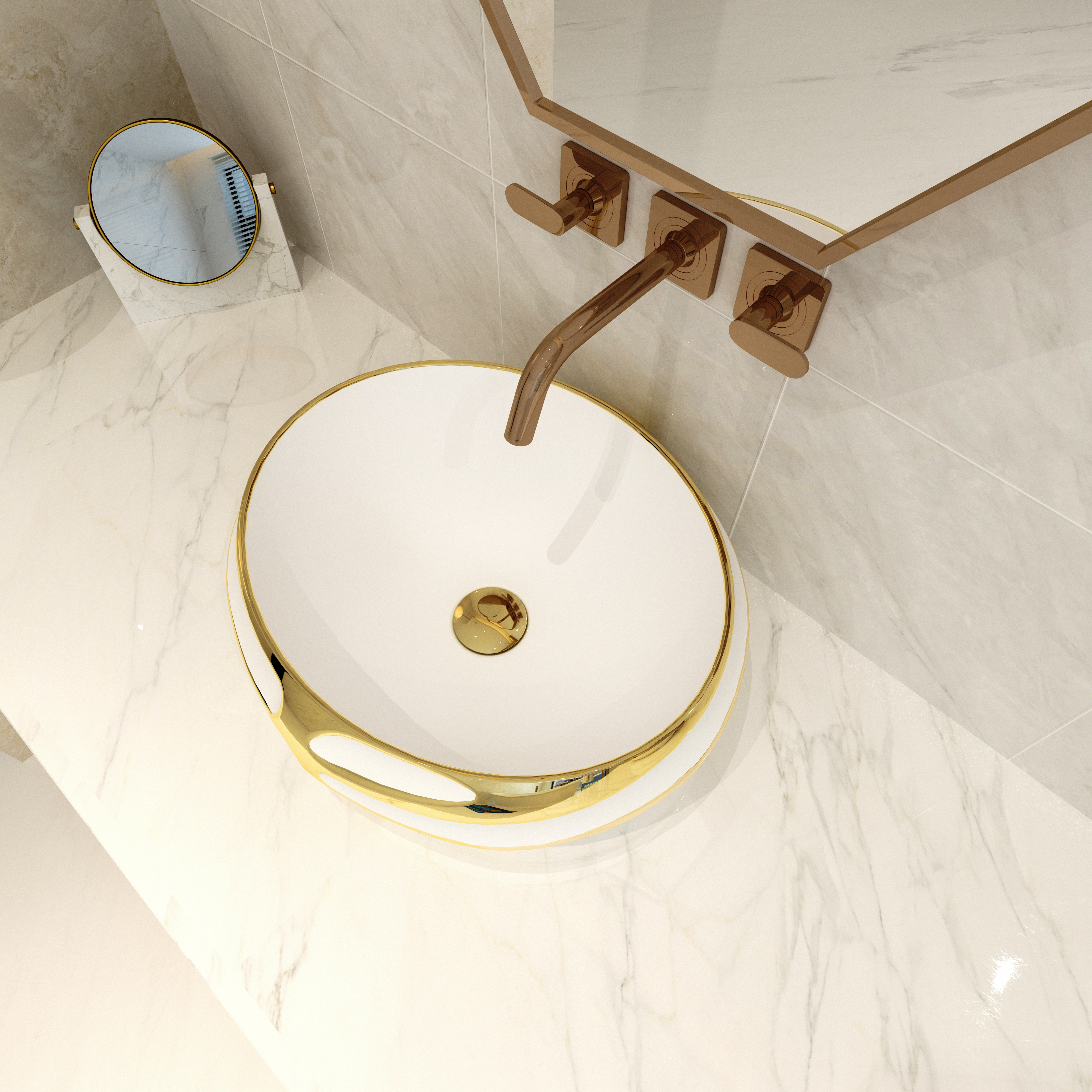MEJE 18 Inch Above Counter Art Basin Oval Embossed Pattern With Gold Trim Design, Countertop Bathroom Vessel Sink, Porcelain Ceramic Vanity Sink (Include pop up drain)
