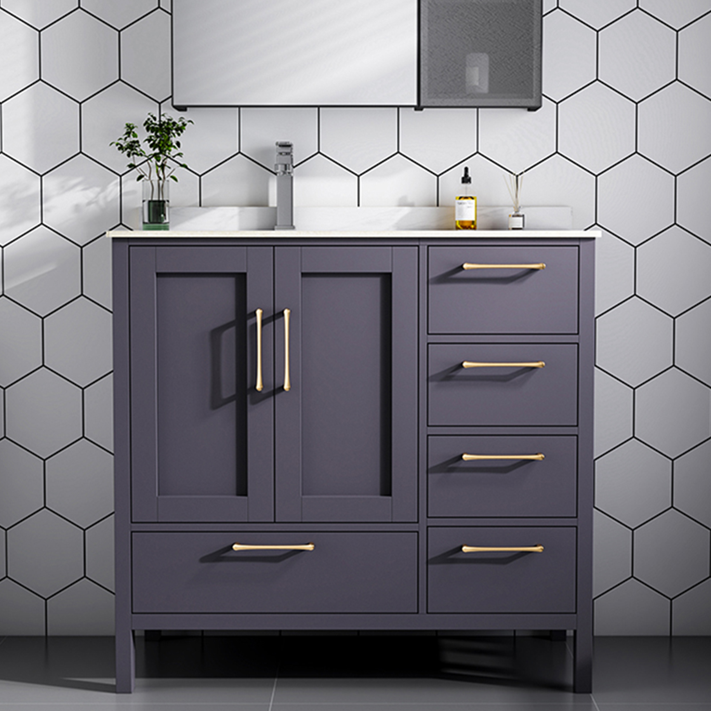 MEJE #S09A – 36 inch Single Sink Bathroom Vanity Set with Ceramic Undermount Vessel Sink, Modern Floor Standing Storage Cabinet Set, Warm Grey