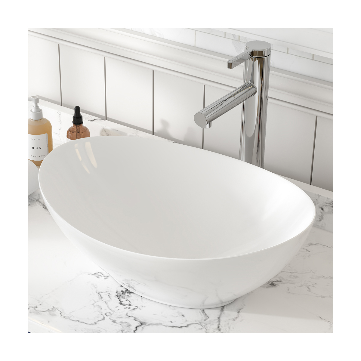 MEJE 16×13-Zoll ovales weißes Keramik-Waschbecken, moderne eiförmige Schüssel, Badezimmer-Waschbecken über der Theke