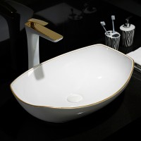 MEJE 22 X 16 inch LUXURY GOLD rim Oval Vessel , Above Counter Bathroom Sink , Porcelain Ceramic Vessel Vanity Sink, Art Basin
