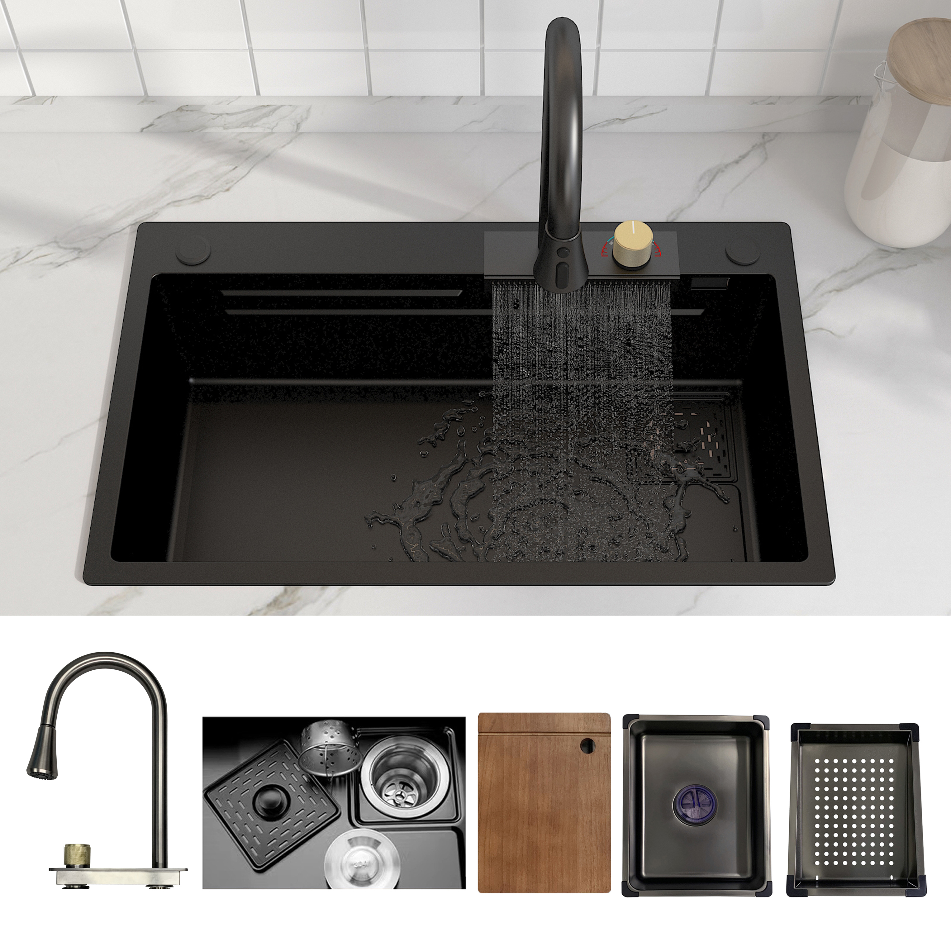 MEJE Fregadero de cocina con estación de trabajo en cascada de 30 × 18 pulgadas, un solo tazón de acero inoxidable, juego de grifo abatible, color negro