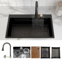 MEJE 30×18 inch Waterfall Workstation Kitchen Sink, Stainless Steel Single Bowl, Pull-down Faucet Set, Black Color