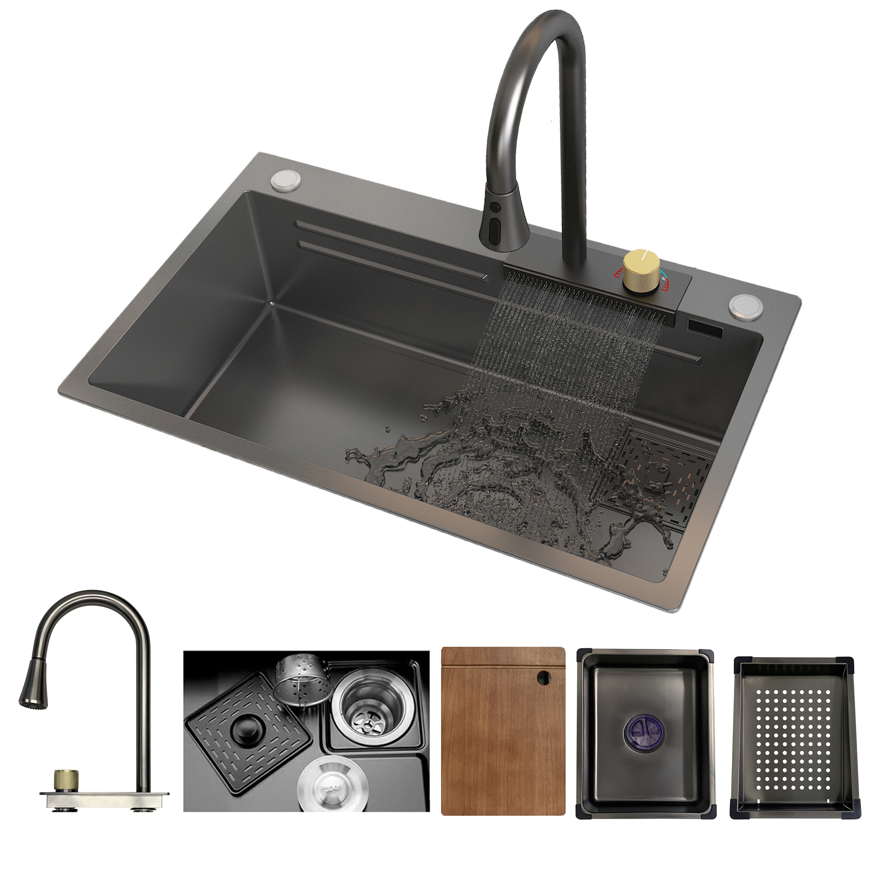 MEJE 30×18 Zoll Edelstahl-Küchenspüle, integriertes Wasserfall- und herunterziehbares Wasserhahn-Set, großes Spülbecken mit Nano-Beschichtung, graue Farbe