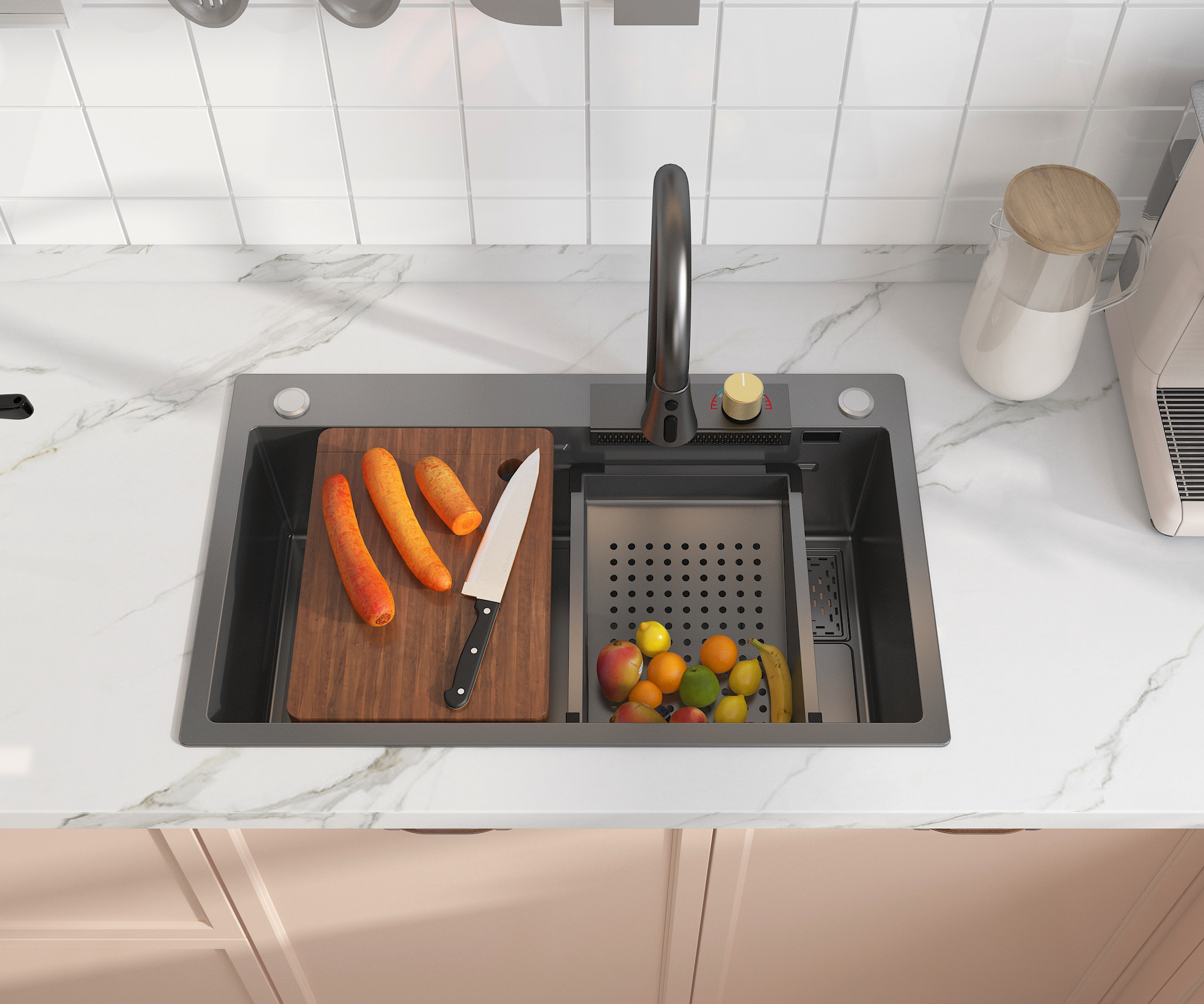 MEJE 30×18 Zoll Edelstahl-Küchenspüle, integriertes Wasserfall- und herunterziehbares Wasserhahn-Set, großes Spülbecken mit Nano-Beschichtung, graue Farbe
