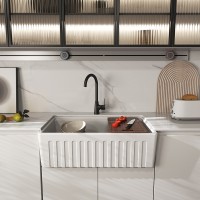 Reasonable price Deep Kitchen Sinks - MEJE #KS 33×20 inch Apron-front Step Rim Workstation Farmhouse Kitchen Sink ,Ceramic Single Bowl with Cutting Board ,Grid & Strainer – White – Meje