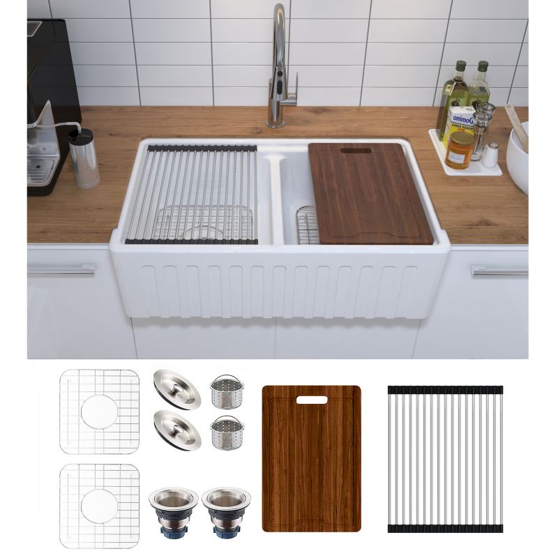MEJE #KS 33×20 inch 50/50 Double Bowl , Ceramic Apron-front Step Rim Undermount Workstation Farmhouse Kitchen Sink , with Cutting Board ,Grid & Strainer – White