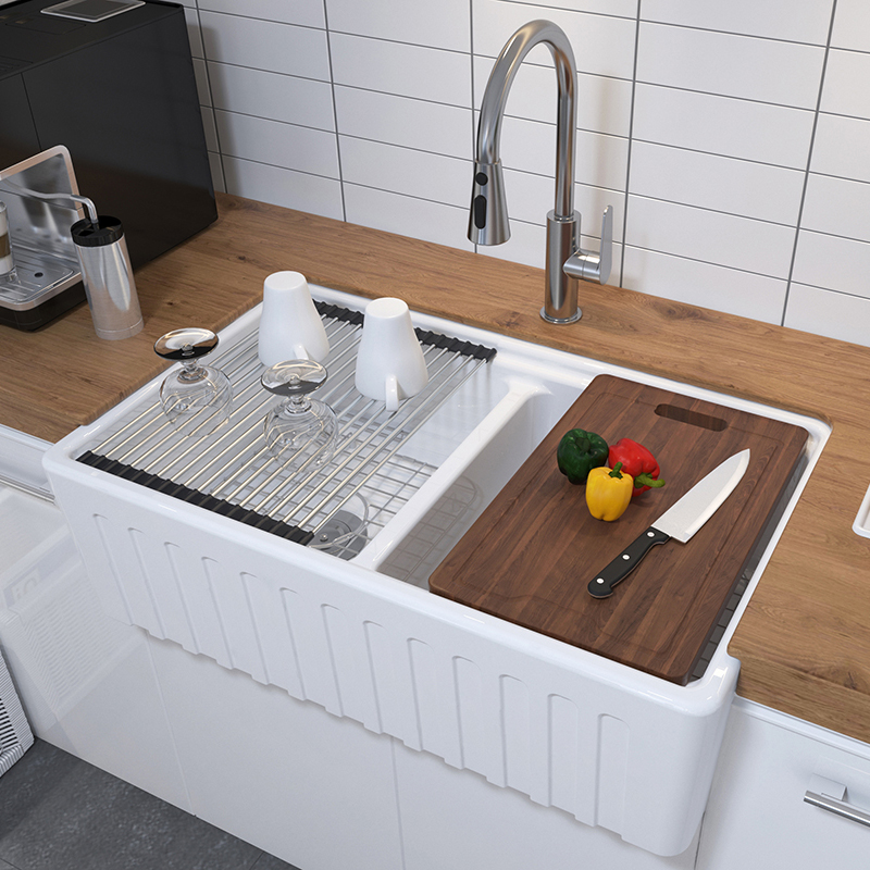 MEJE #KS 33×20 inch 50/50 Double Bowl , Ceramic Apron-front Step Rim Undermount Workstation Farmhouse Kitchen Sink , with Cutting Board ,Grid & Strainer – White