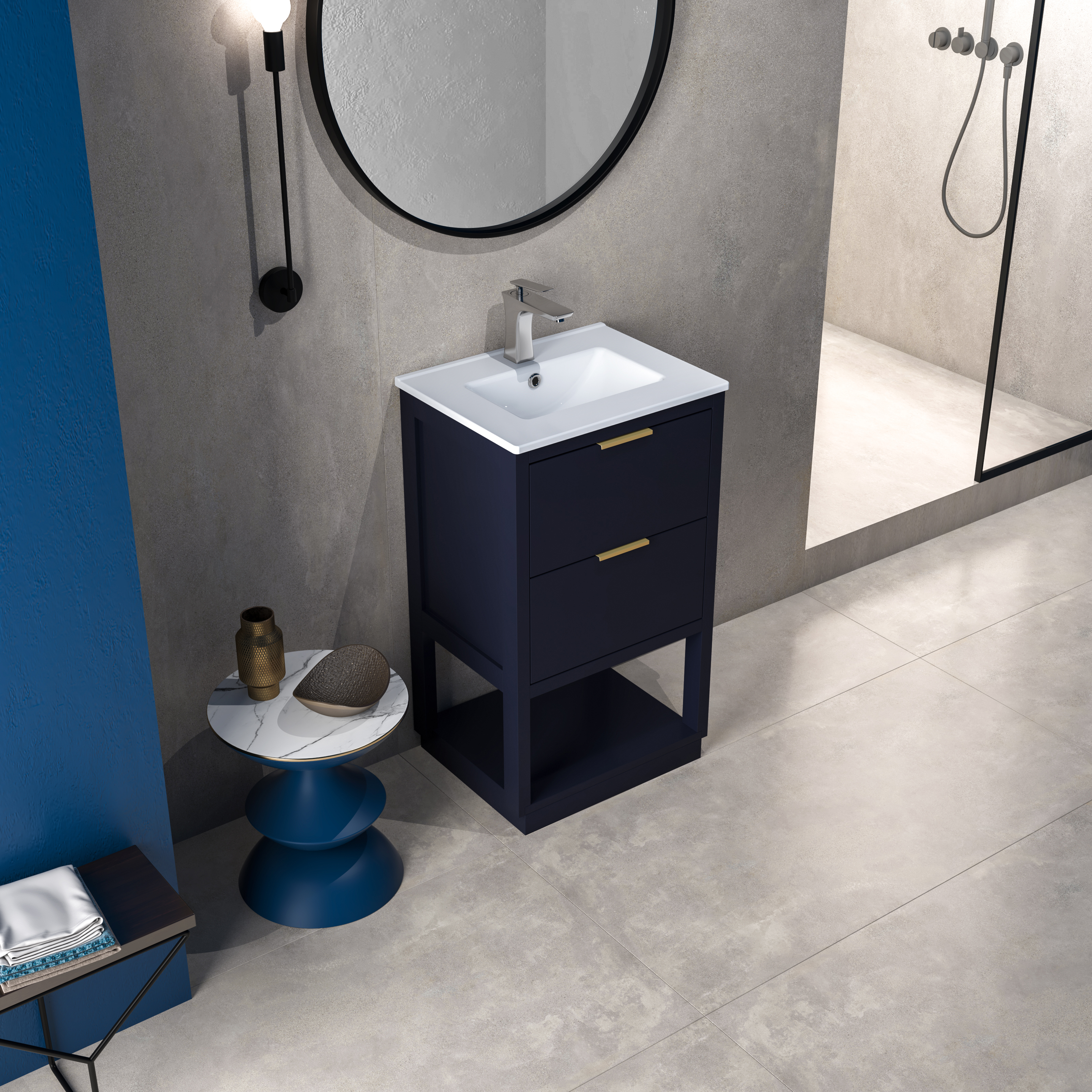 MEJE #S05A – Set da bagno con lavabo singolo da 20 pollici con lavabo sottopiano in ceramica per piccoli spazi, set di armadietti moderni, blu scuro