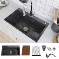 MEJE 31.5 x 18 Inch Drop-in Single Bowl 11 Gauge Stainless Steel Workstation Kitchen Sink with Accessories,Black Color