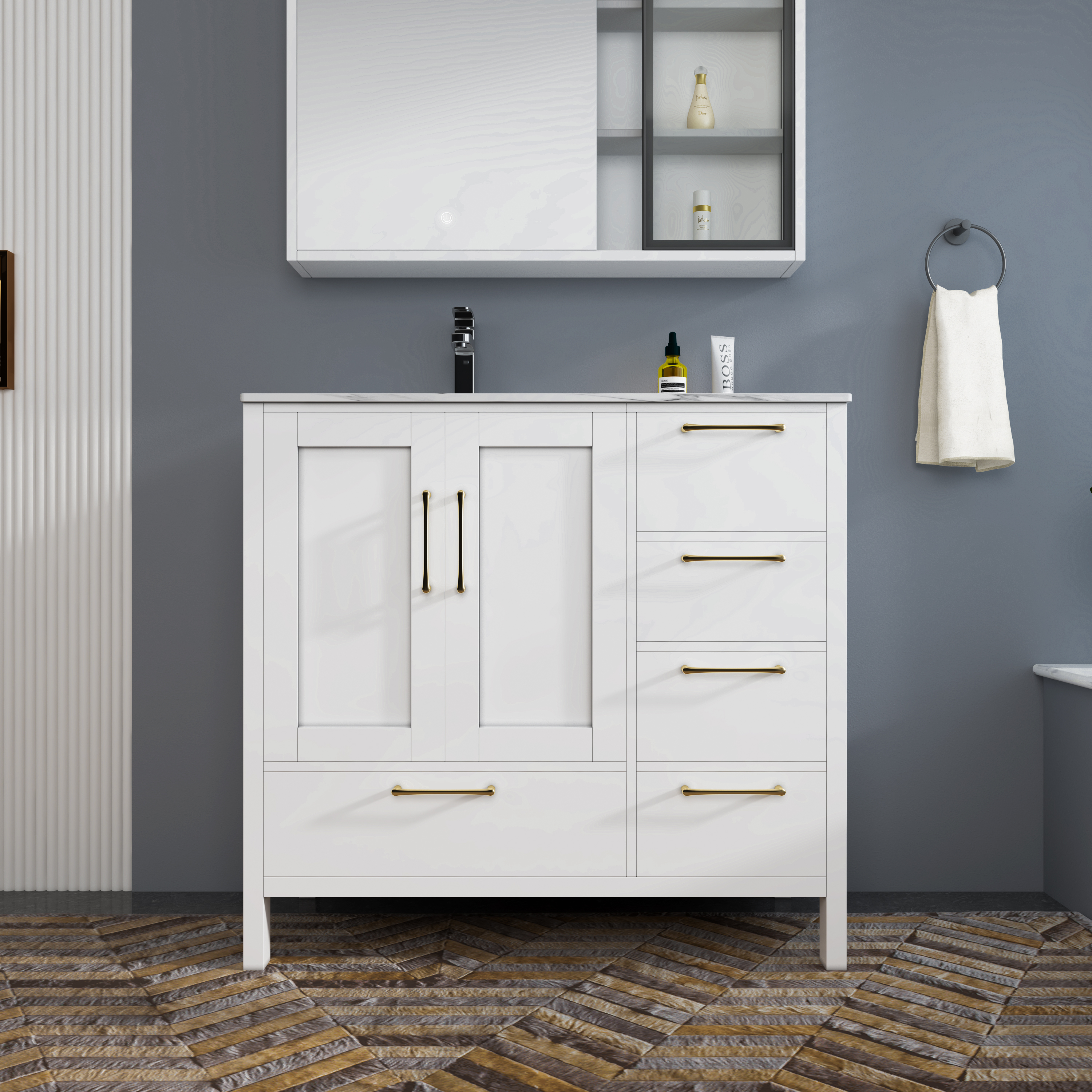 MEJE #S09B – 36 inch Single Sink Bathroom Vanity Set with Ceramic Undermount Vessel Sink, Modern Floor Standing Storage Cabinet Set, White