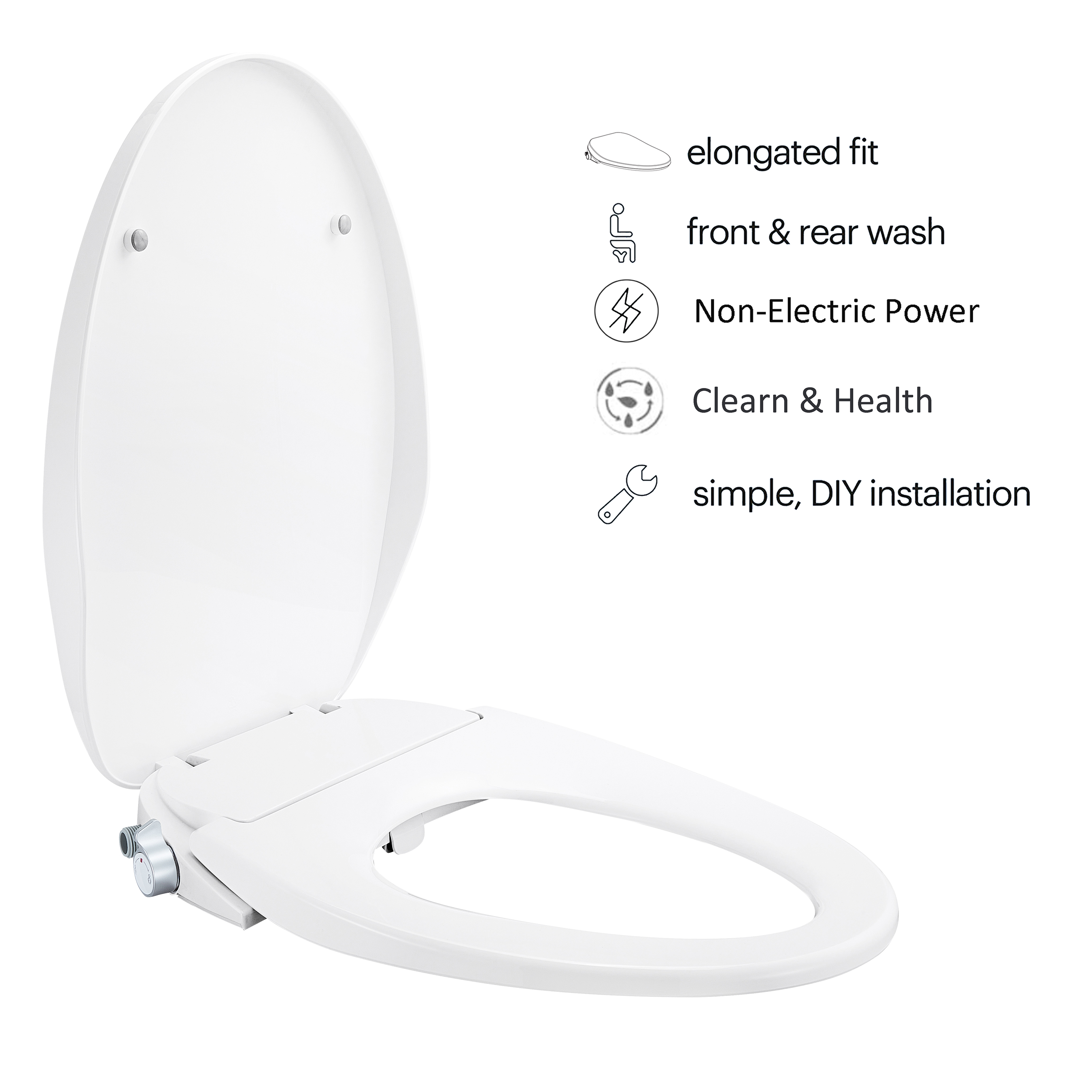MEJE #VB-L Sedile WC per bidet non elettrico, adatto a WC allungati, bianco - Doppio ugello con spruzzatori regolabili, facile installazione...