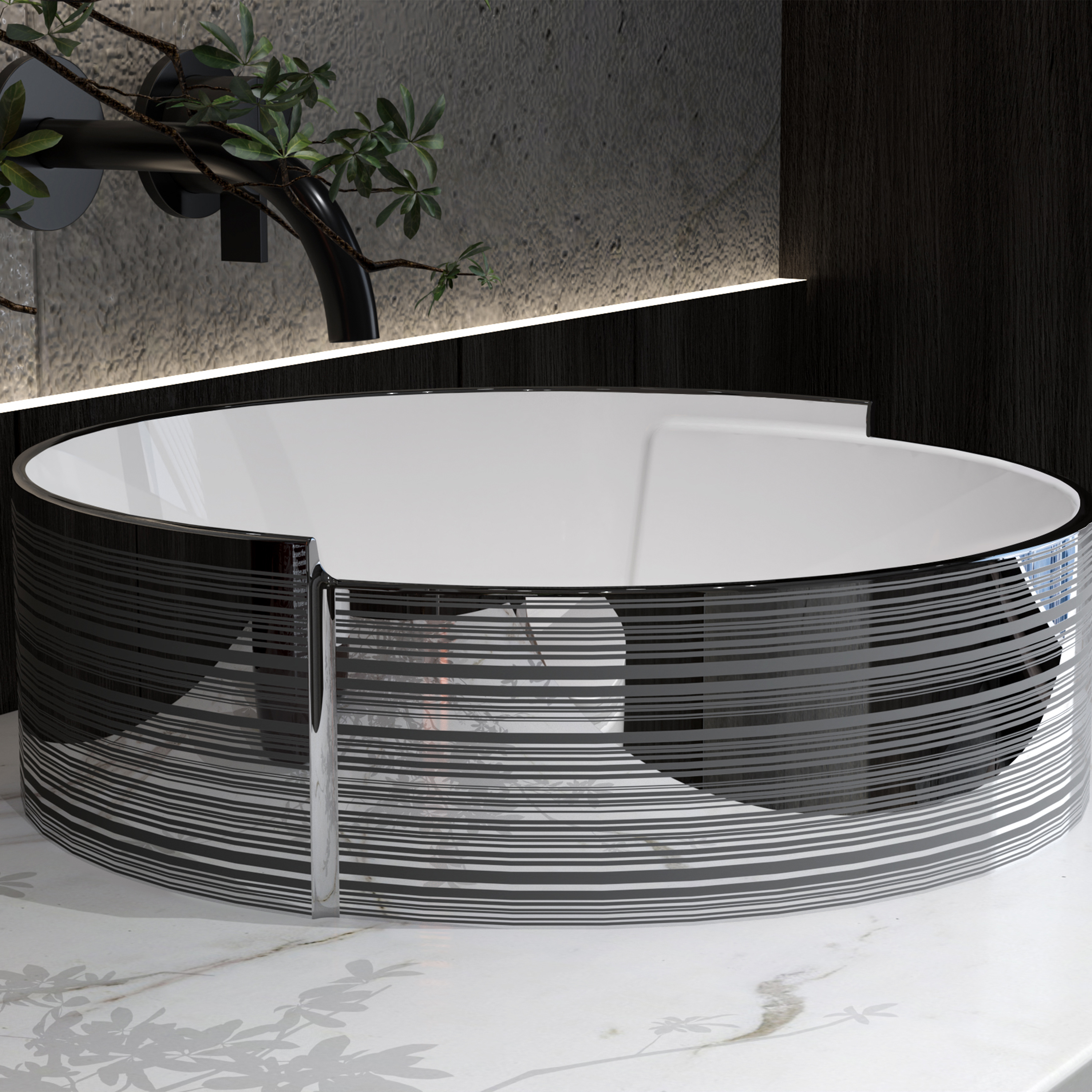 MEJE 16.7 × 16.5 Inch Silver Stripe Vessel, Évier de salle de bain au-dessus du comptoir, Évier de vanité en céramique de porcelaine, Bassin d'art